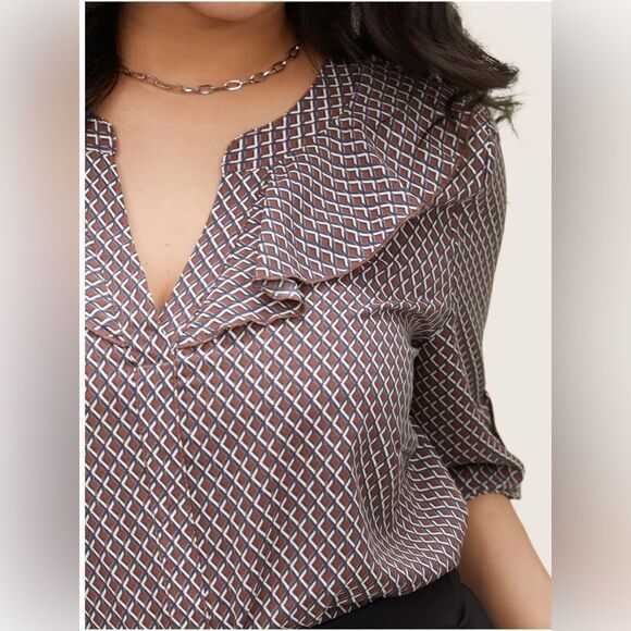 Gingham Ruffle Trim Tab Sleeve Blouse - Picture 5 of 10